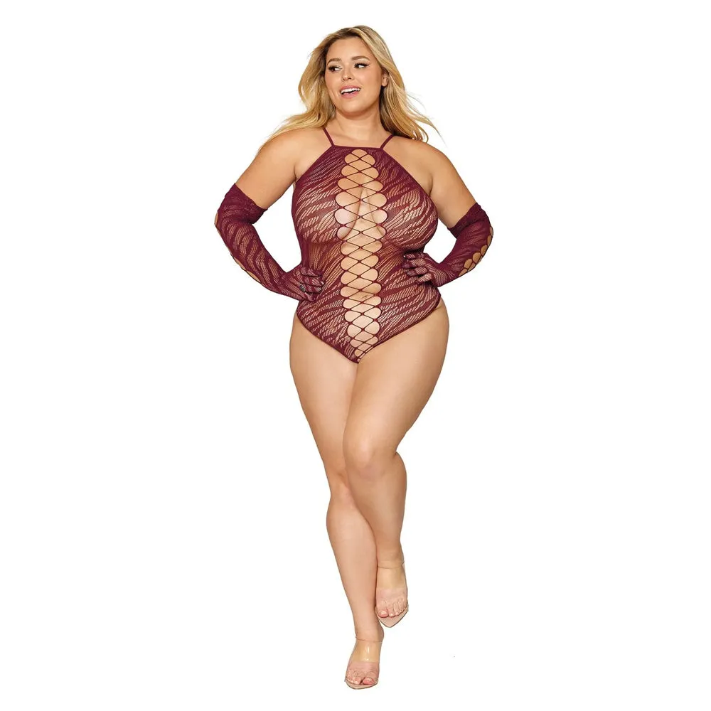 Dreamgirl Lingerie Seamless zebra fishnet teddy and glove set - 12809X