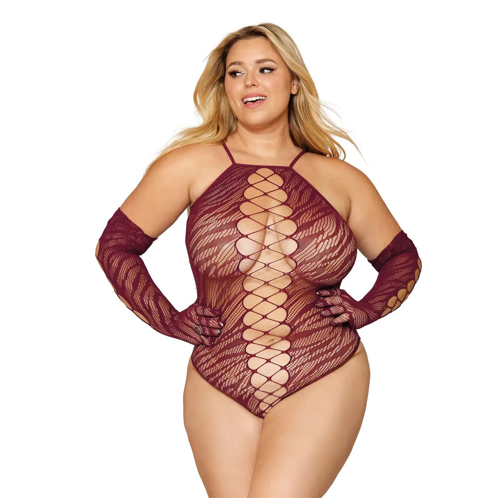 Dreamgirl Lingerie Seamless zebra fishnet teddy and glove set - 12809X