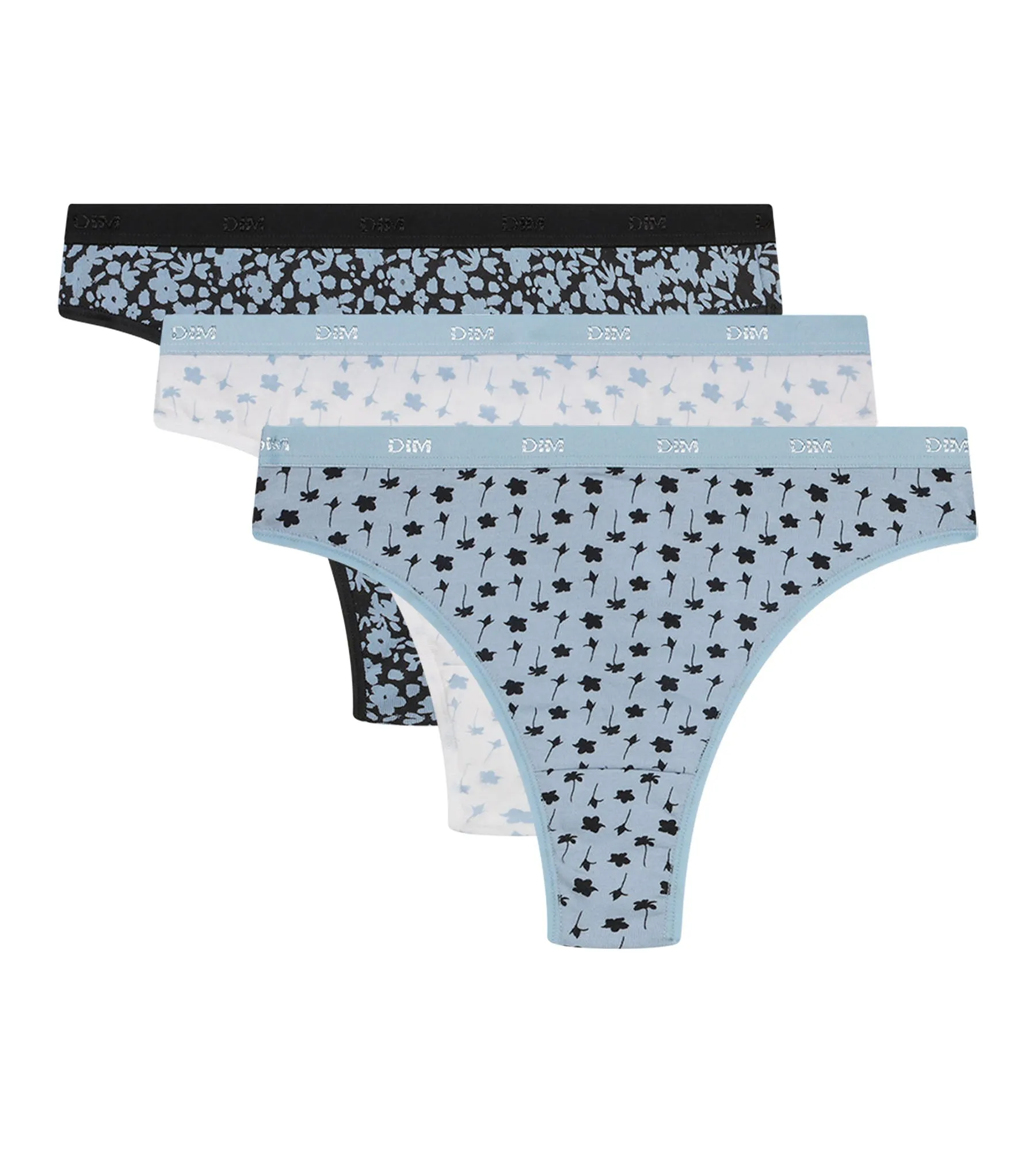 Lot de 3 strings femme en coton stretch Bleu Gris à fleurs Les Pockets