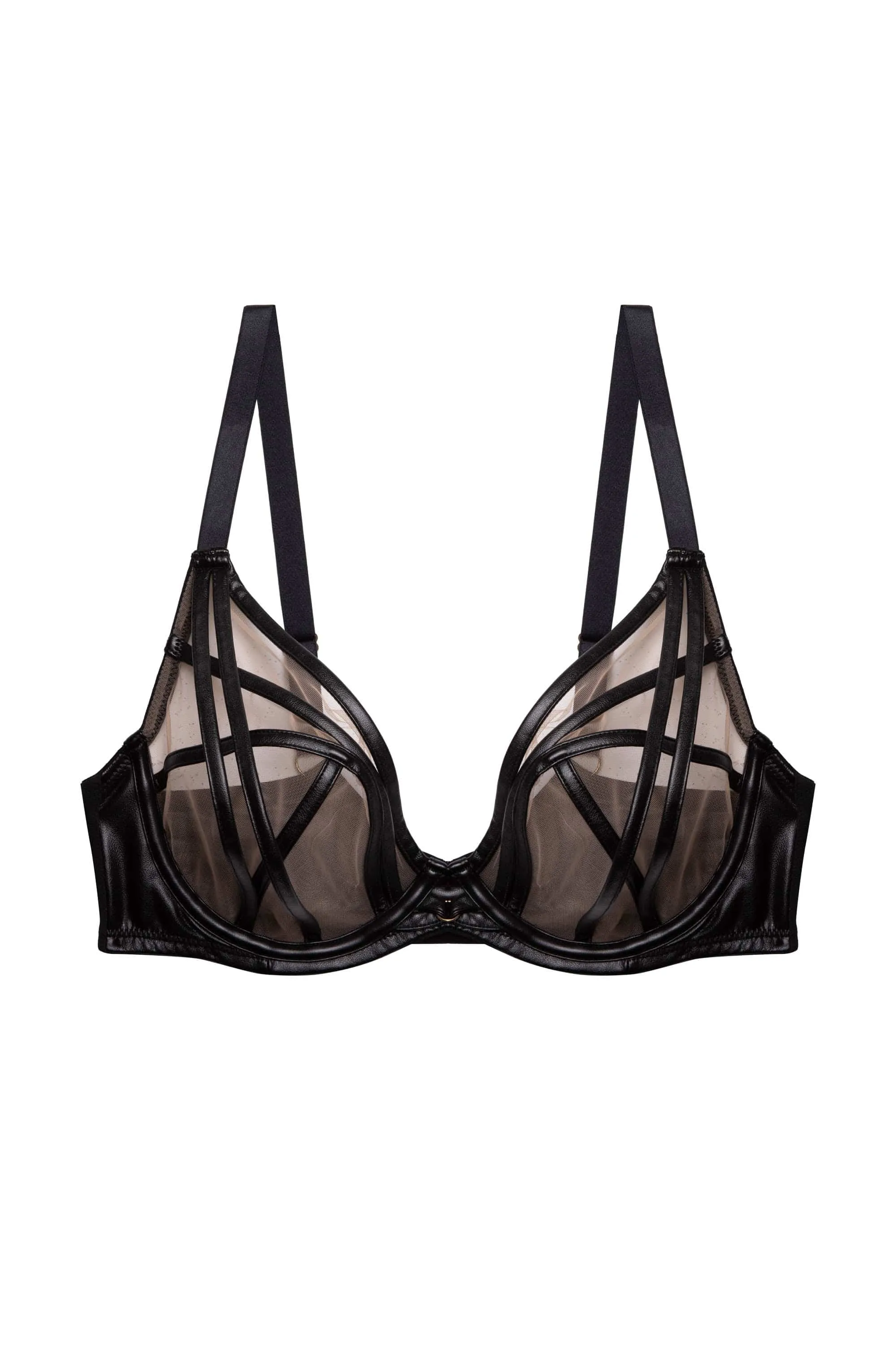Ramona Black Leatherette Strap Detail Illusion Mesh Bra