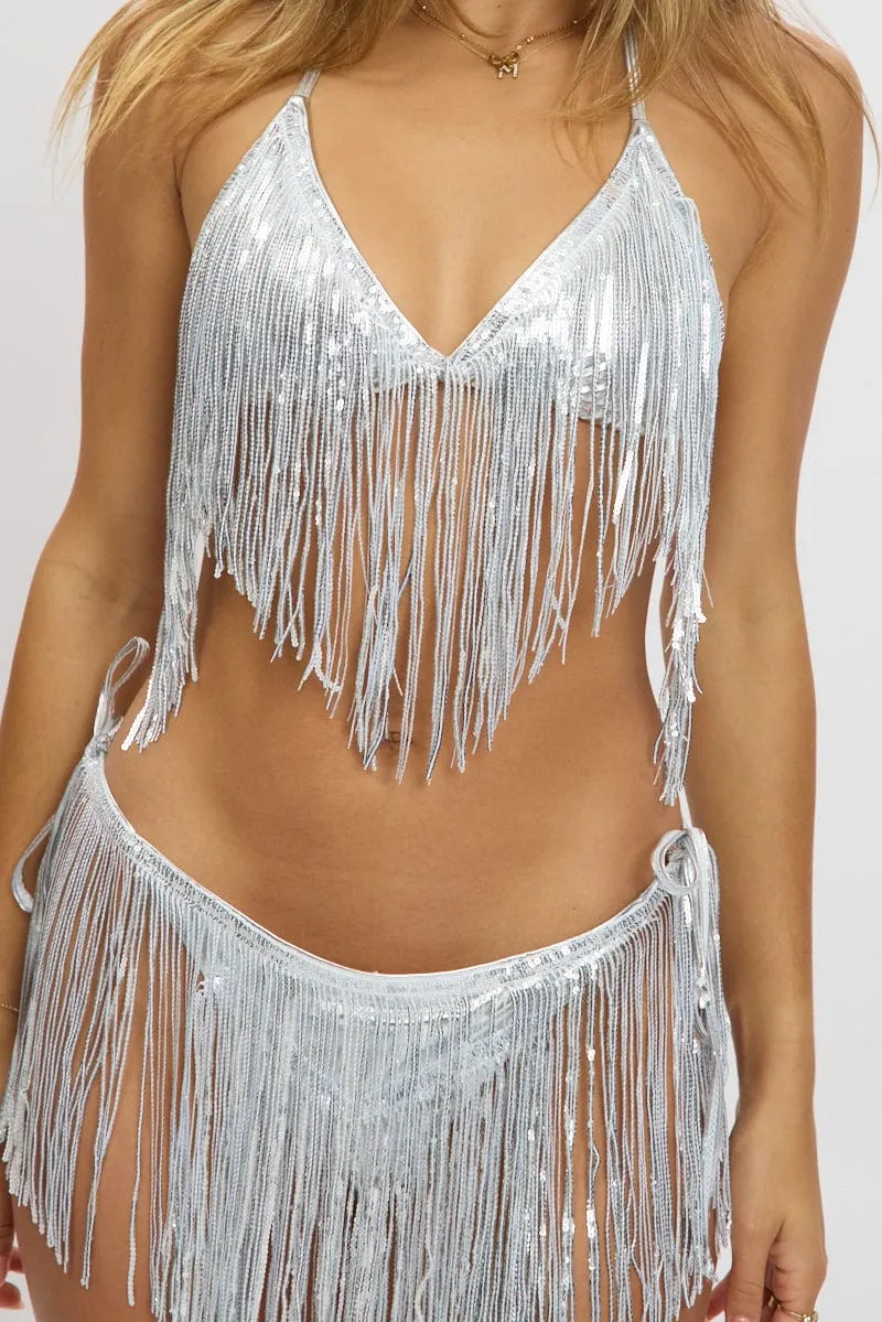 Silver Tassel Sequin Detail Lingerie Set Bikini Set