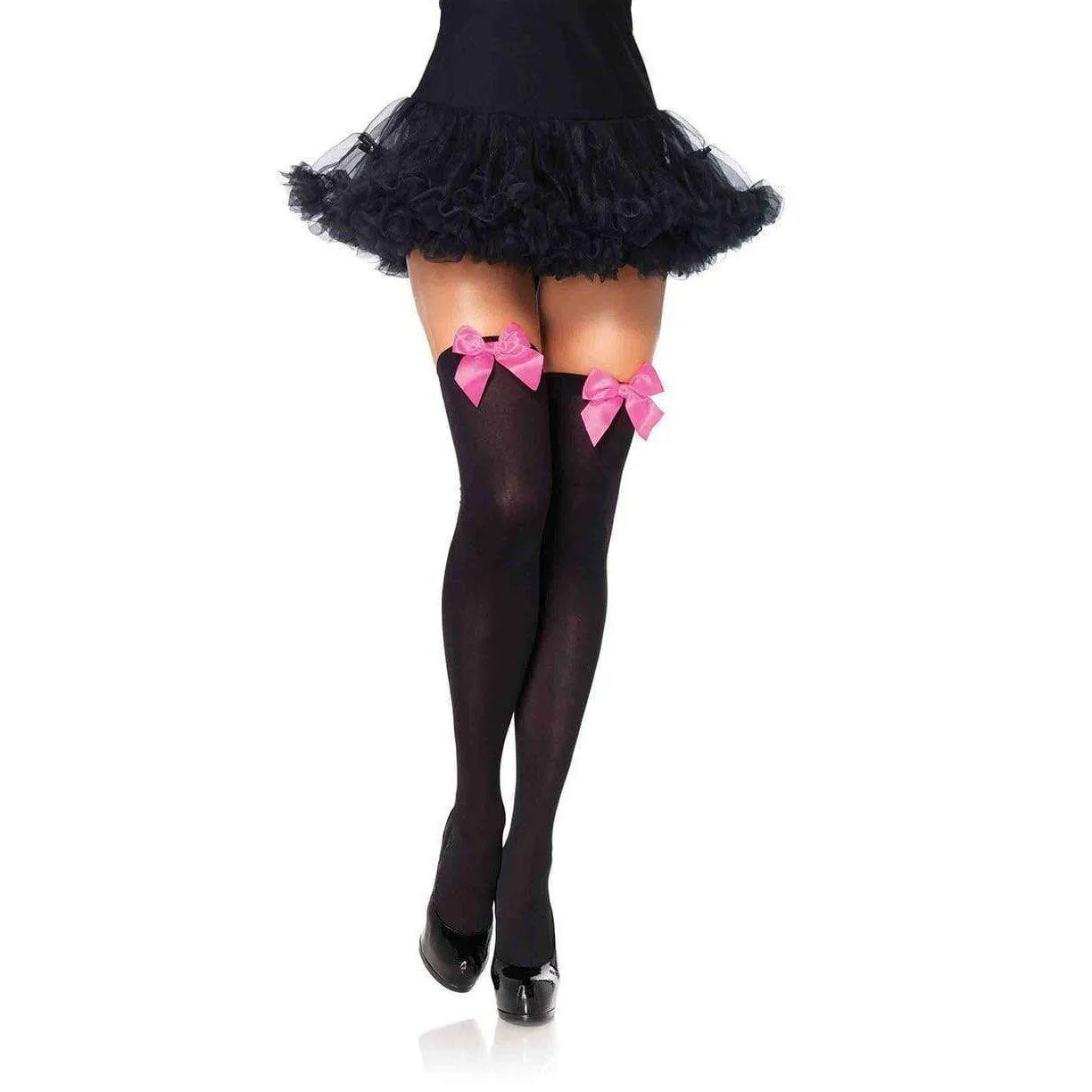 Stockings - Black with Neon Pink Satin Bow Over the Knee
